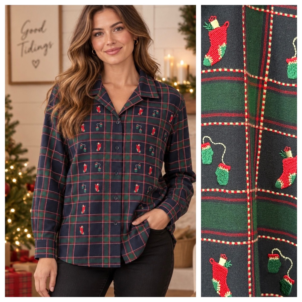 Vintage Candy Cane Plaid Embroidered Christmas Button Up XL Shirt Stocking Glove